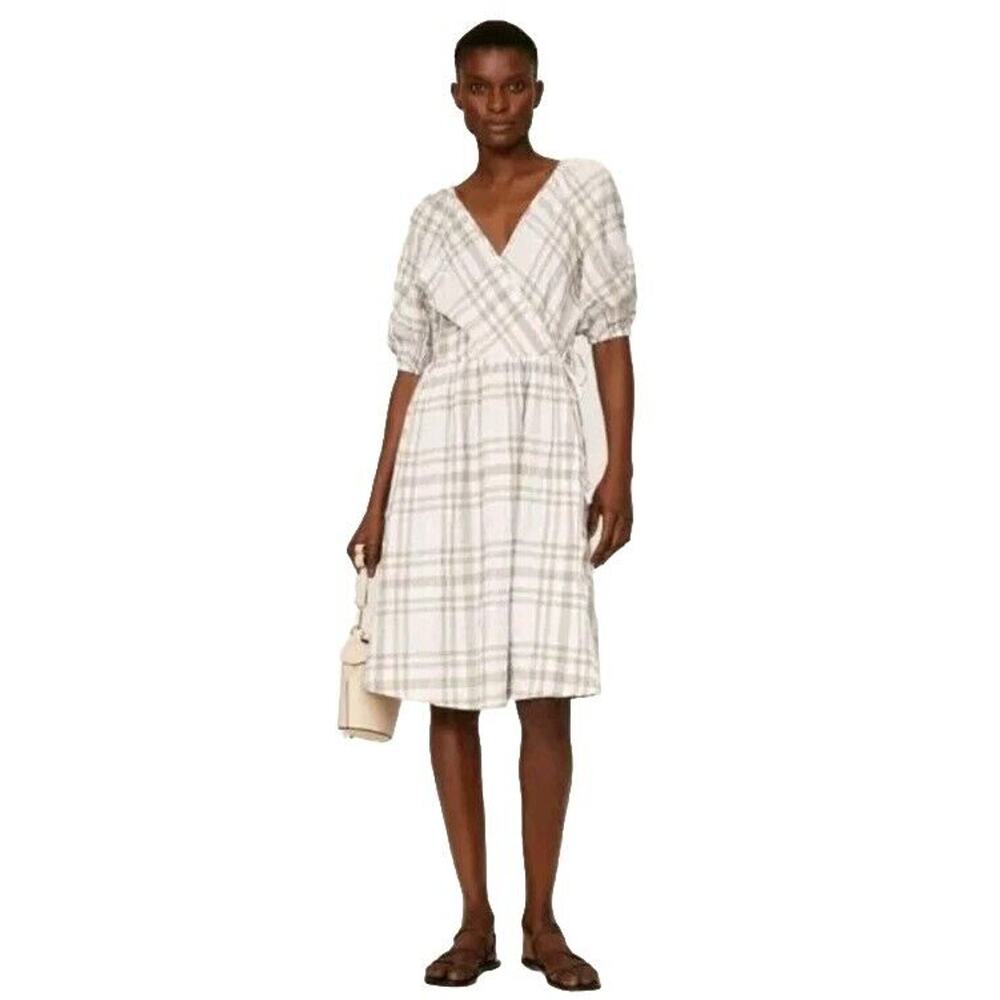 Love, Whit By Whitney Port Beige Summer Plaid Tie Wrap Dress Balloon Sleeves NWT - Picture 3 of 8